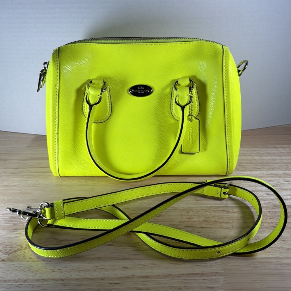 Coach New York Bright Neon Yellow Mini Bennett Satchel Crossbody Silver Adjust